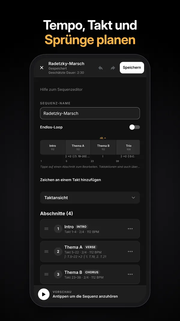 Sequenz-Editor mit Abschnitten und Wiederholungen