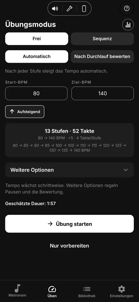 Übungsmodus mit Tempo-Steigerung