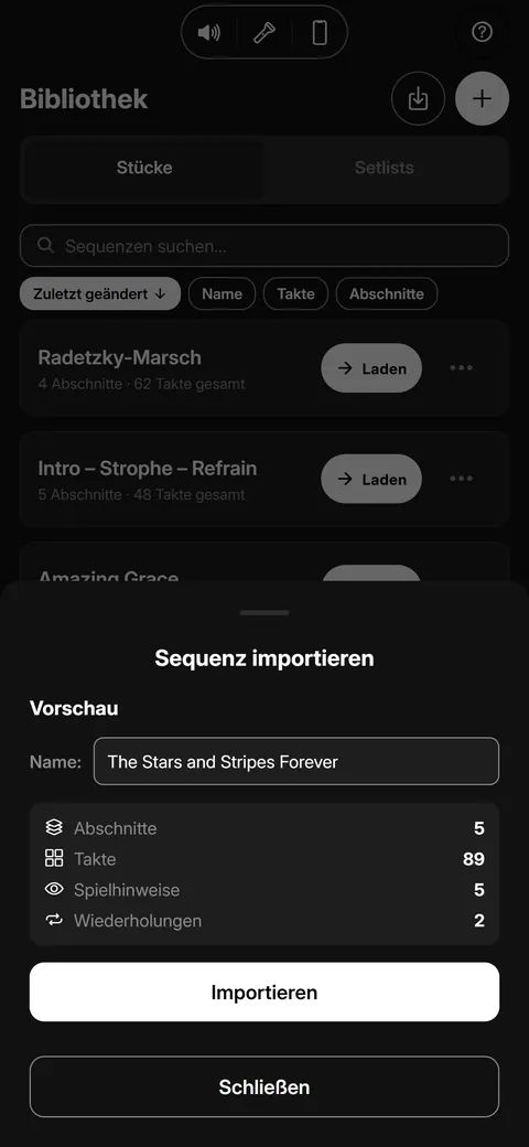 Vorschau beim Import einer MusicXML-Datei
