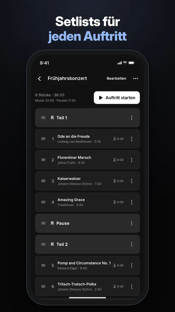 Setlist für einen Auftritt