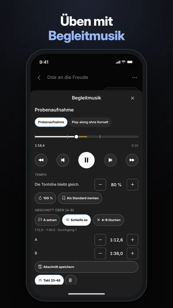 Üben mit Begleitmusik und Sprungmarken