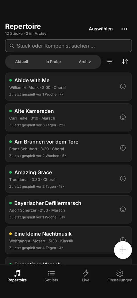 Repertoire mit Status, Suche und Filtern