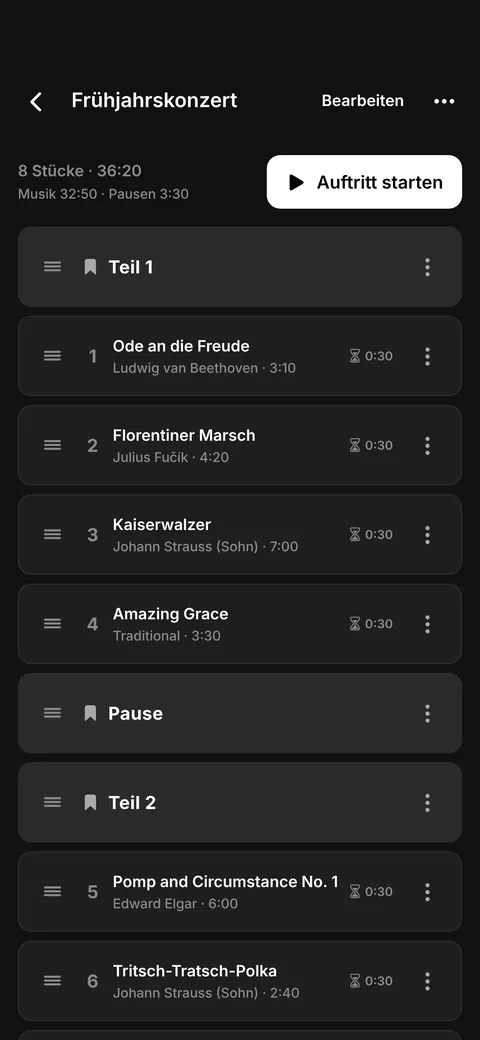 Setlist mit Gesamtzeit und Pausen