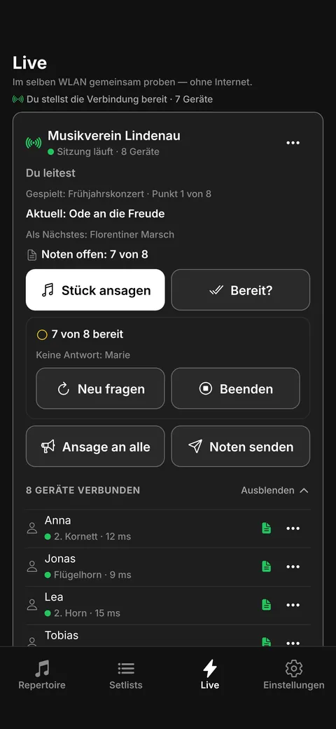 Live-Sitzung mit Stück ansagen und Bereit-Abfrage