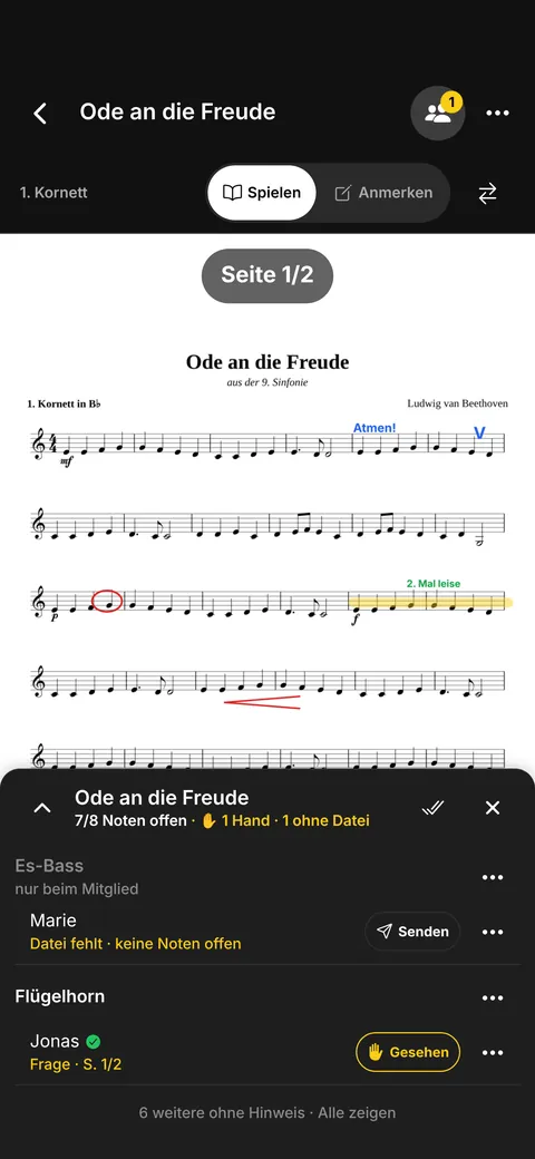 Bandübersicht der Leitung über den Noten