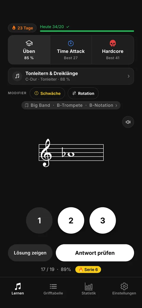 Lernen-Seite mit Note, Ventilknöpfen und Tagesziel