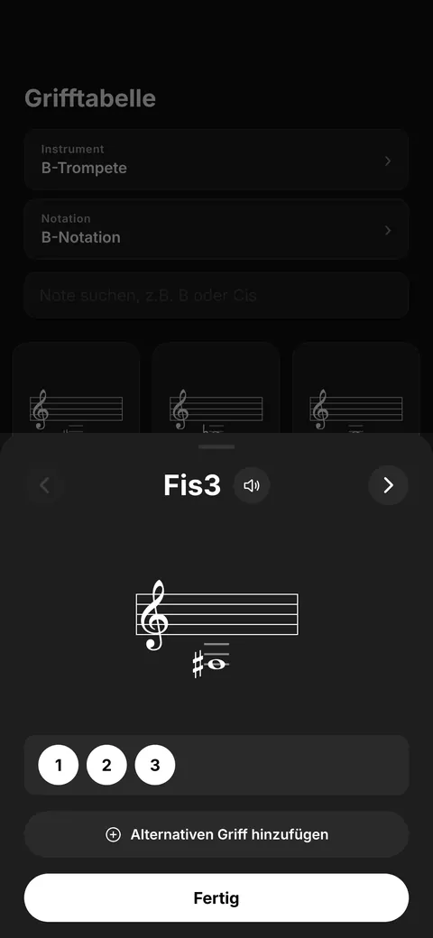 Grifftabelle mit enharmonischen Schreibweisen